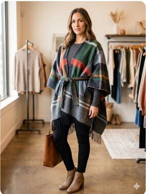 Plaid Fringe Blanket Wrap Cape - Green, Gray, Navy Blue, Gold & Red